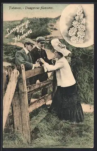 AK Blumensprache, Tuberose, Männer mit Dame an einem Zaun
