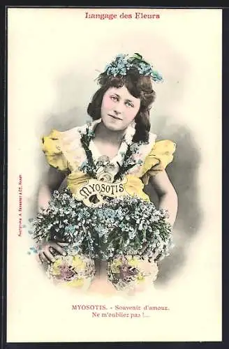 AK Blumensprache, Myosotis, Frau mit Blumengesteck
