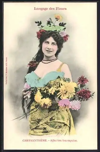 AK Blumensprache, Chrysantheme, Frau mit Blumenstrauss