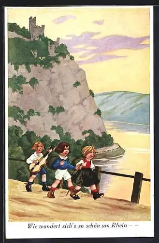 Künstler-AK Kinder wandern am Rhein