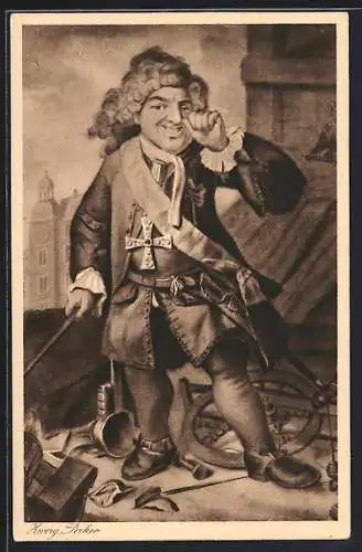 Künstler-AK Zwerg Perkeo, Hüter des Grossen Fasses zu Heidelberg, Hofnarr des Kurfürsten