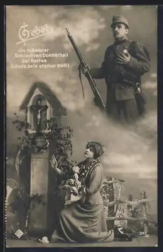 Foto-AK Frau betet für ihrem Mann im Felde