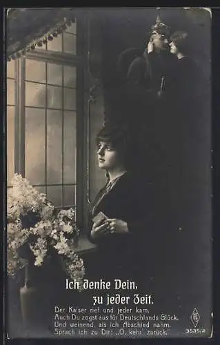 Foto-AK Junge Frau denkt an den Liebsten im Felde