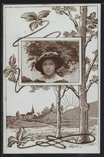 Foto-AK Junge Frau mit Hut im Passepartout