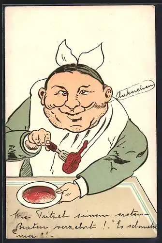 AK Dicker Mann isst eine Hühnerkeule