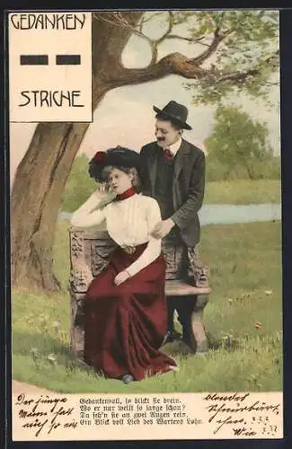 AK Gedankenstriche, die nachdenkliche Frau sehnt ihren Liebsten herbei der hinter ihr steht