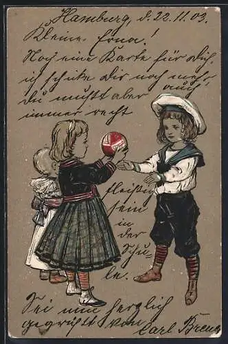 AK Mädchen gibt einem Jungern einen Ball