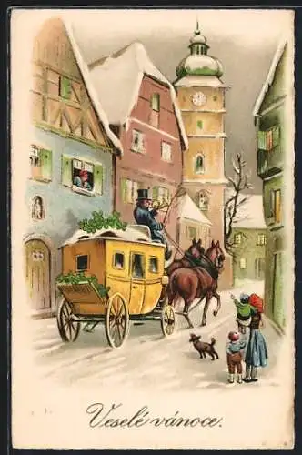 AK Postkutsche fährt durch eine winterliche Ortschaft