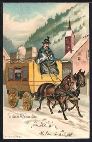 Lithographie Postkutsche durchquert die Ortschaft