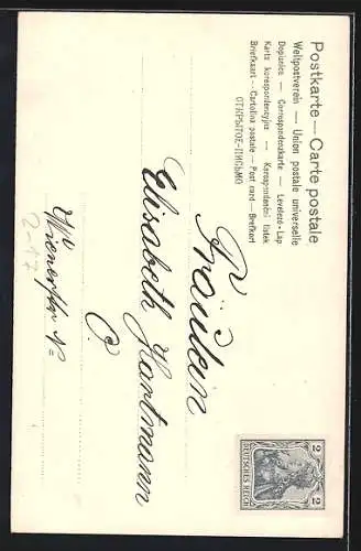 Lithographie Postkutsche durchquert die Ortschaft