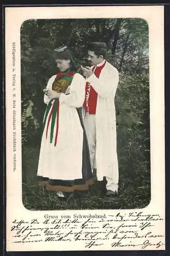 AK Gruss vom Schwobaland, Paar in schwäbischer Tracht