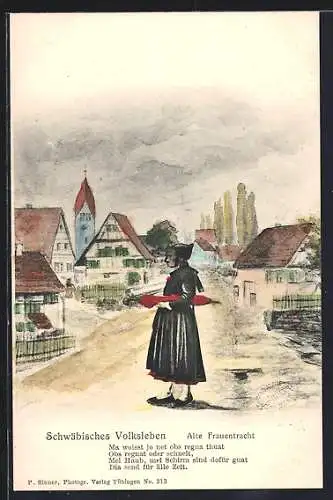 Künstler-AK Frau in schwatzem Mantel mit rotem Regenschirm