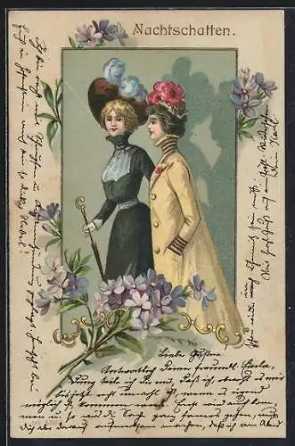 Lithographie Zwei Damen beim Spaziergang im Sonntagsstaat, Jugendstil