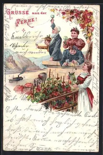 Lithographie Weintrinker grüssen vorbeifahrenden Salondampfer