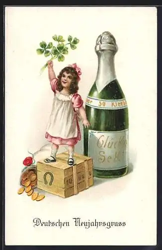 AK Kleines Mädchen mit Glücksklee, Geld und Sektflasche, Neujahrskarte