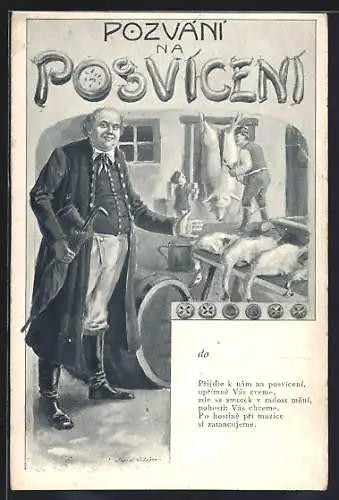 AK Schlachtbetriebs-Besitzer im Mantel zeigt geschlachtete Gänse