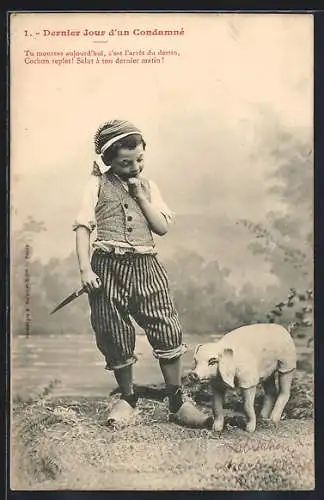 AK Fleischersjunge kurz vor dem Schlachten eines Schweiners