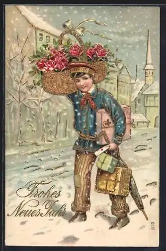 Präge-AK Dienstbote beim Transport von Geschenken im Schnee, Neujahrskarte