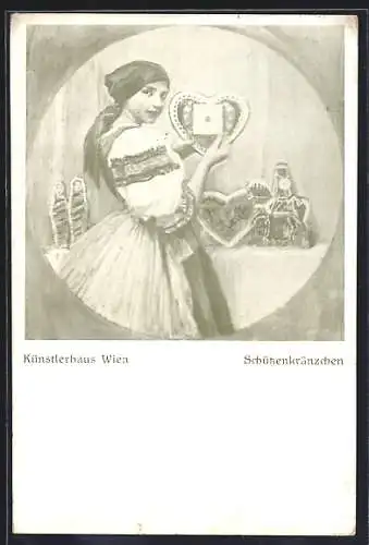 AK Frau in Tracht mit einem Lebkuchenherz mit Zielscheibe, Schützenfest