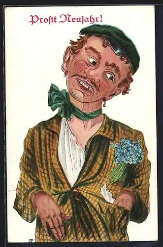 AK Mann mit Blumen, Gesicht