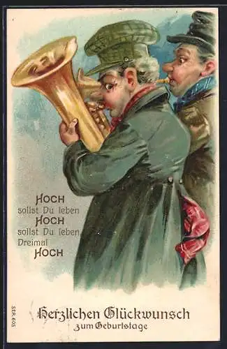 Präge-AK Zwei Männer spielen Trompete und Horn, Blasinstrumente