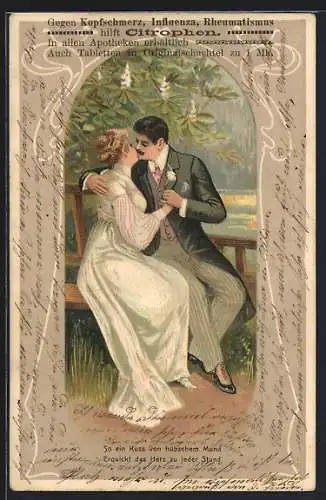 AK Liebespaar beim Kuss im Park, Reklame für Citrophen Kopfschmerzmittel