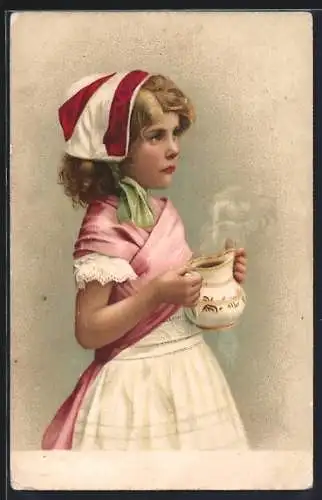 AK Kleines Mädchen mit einer dampfenden Kanne, Reklame für Durieux Wurmmittel-Kartuschen