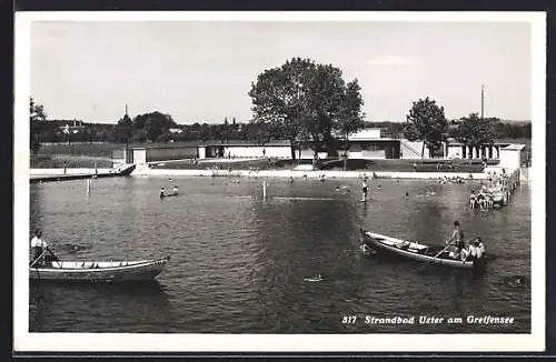 AK Uster am Greifensee, Strandbad und Boote vom Wasser aus