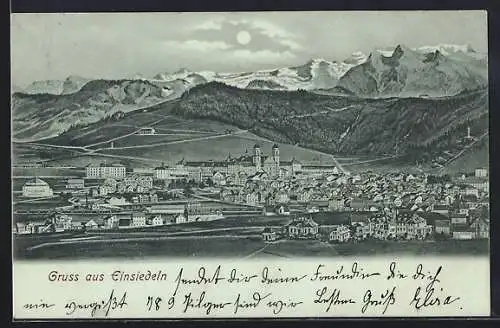 Mondschein-AK Einsiedeln, Gesamtansicht mit Bergpanorama