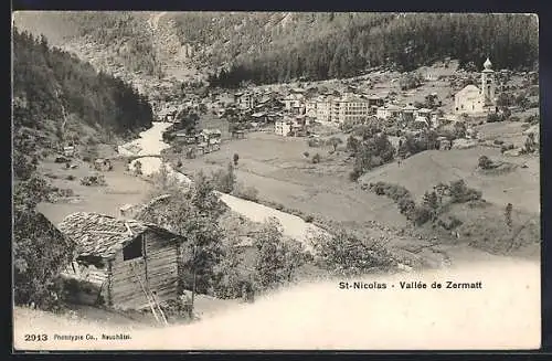 AK St-Nicolas /Vallée de Zermatt, Ortsansicht mit Fluss und Brücke