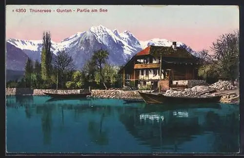 AK Gunten /Thunersee, Seepartie mit Chalet und Bergpanorama