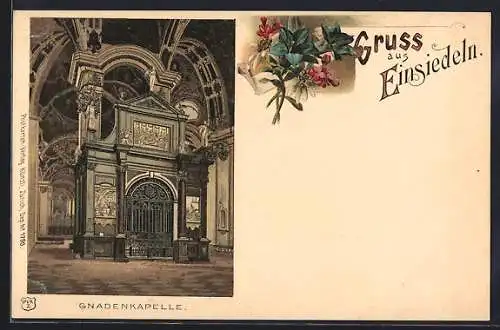 Lithographie Einsiedeln, Gnadenkapelle, Enzian-Blumenstrauss