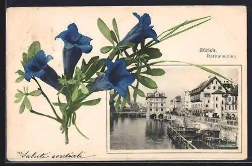 AK Zürich, Der Rathausquai im floralen Passepartout