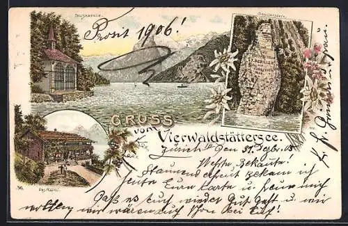 Lithographie Rütli, Gasthaus, Tellskapelle, Schillerstein