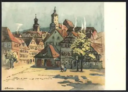 Künstler-AK Schwäbisch Hall, Ansicht vom Haalplatz mit Passanten