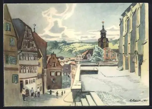 Künstler-AK Schwäbisch Hall, Häuser am Markt