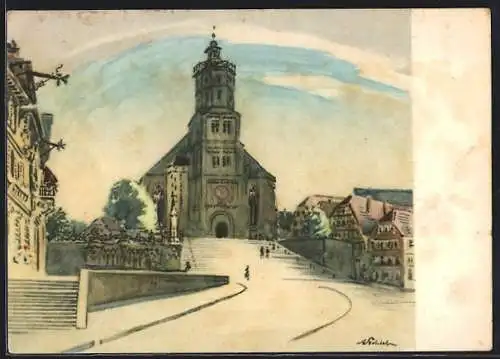 Künstler-AK Schwäbisch Hall, Blick auf St. Michael-Kirche