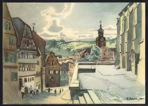 Künstler-AK Schwäbisch Hall, Häuser am Markt