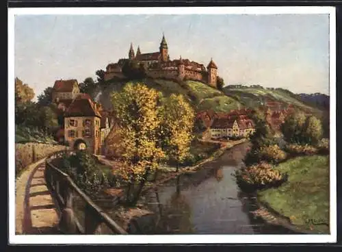 Künstler-AK Schwäb. Hall, Schloss Comburg mit Flusspartie