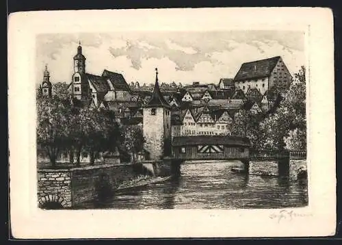 Künstler-AK Schwäb. Hall, Ortsansicht mit Brücke