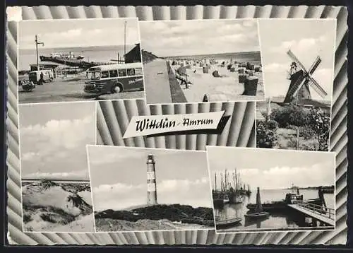 AK Wittdün /Amrum, Strandbad, Windmühle, Leuchtturm und Hafen