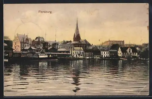 AK Flensburg, Ortsansicht mit Flusspartie