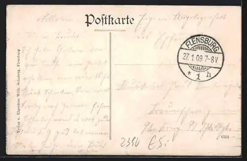 AK Flensburg, Ortsansicht mit Flusspartie