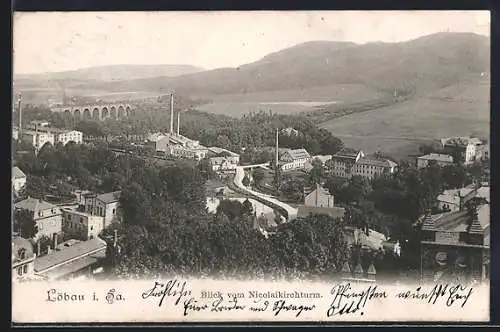 AK Löbau /Sa., Blick vom Nicolaikirchturm auf Stadt und Hindenburgbrücke