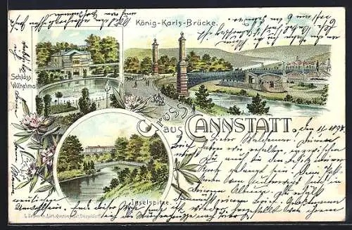 Lithographie Cannstatt, König-Karls-Brücke, Schloss Wilhelma, Inselspitze