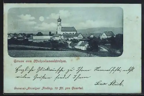 Mondschein-AK Michaelsneukirchen, Ortsansicht mit Kirche