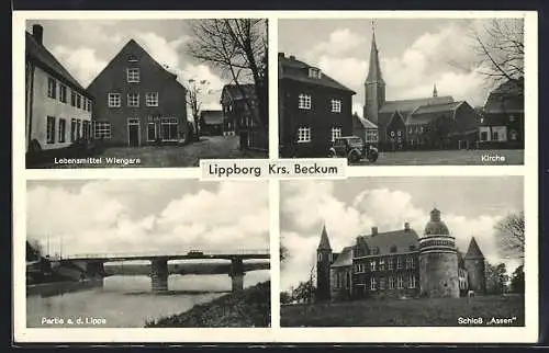AK Lippborg /Beckum, Schloss Assen, Lebensmittel-Laden Wiengarn, Kirche