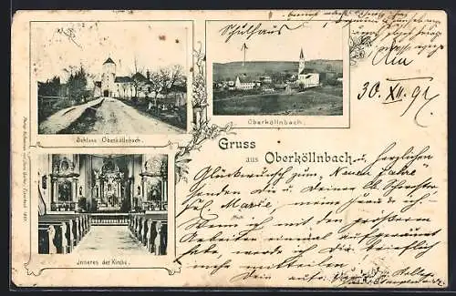 AK Oberköllnbach, Schloss und Innen- und Aussenansicht der Kirche