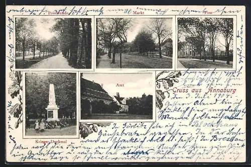 AK Annaburg, Teilansichten Amtsgebäude, Krieger-Denkmal und Markt