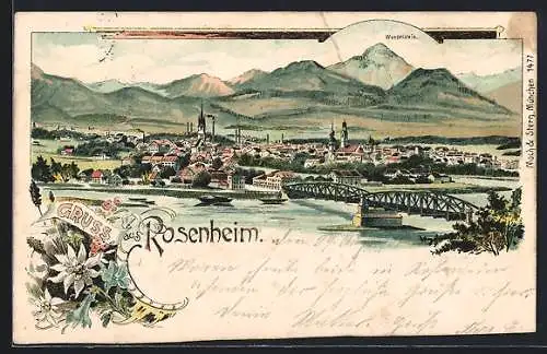 Lithographie Rosenheim, Panorama mit Berglandschaft und Wendelstein